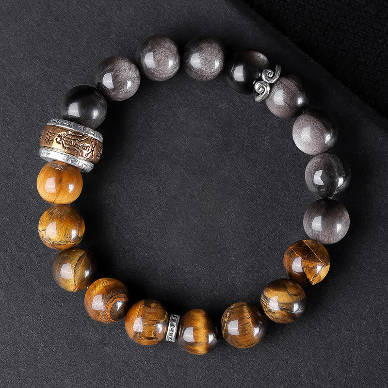 Buddha Stones Natural Silver Sheen Obsidian Tiger's Eye Six True Words 'Om Mani Padme Hum' Strength Bracelet - 10mm Silver Sheen Obsidian Tiger Eye(Wrist Circumference: 16-17cm) - image 1
