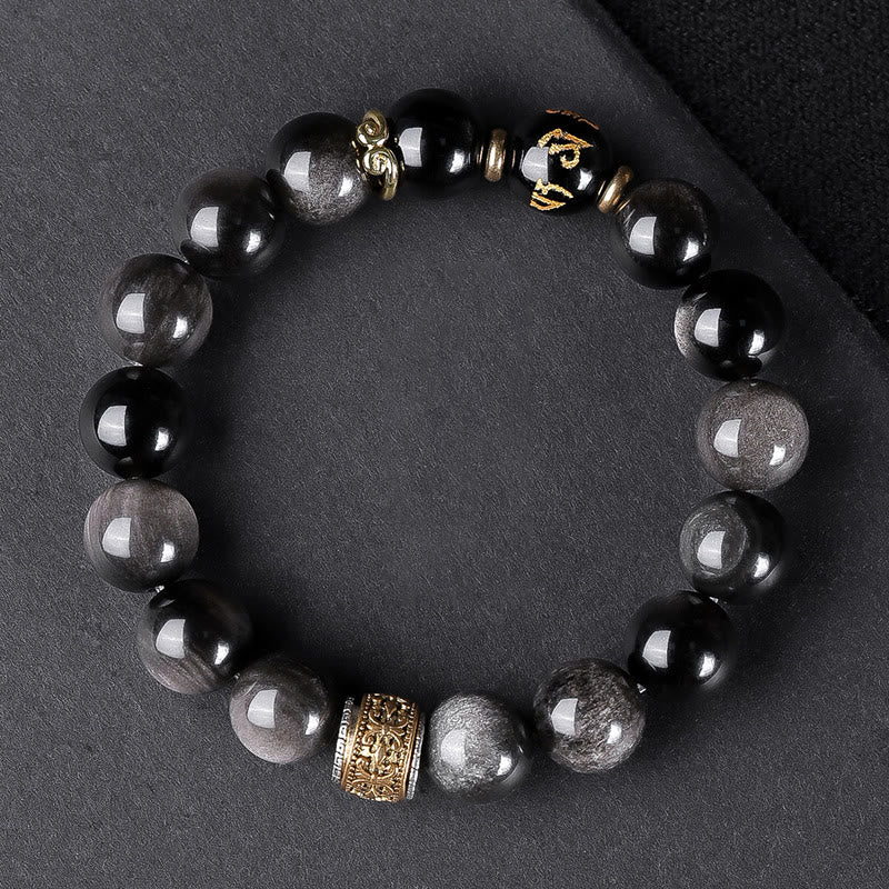 Buddha Stones Natural Silver Sheen Obsidian Tiger's Eye Six True Words 'Om Mani Padme Hum' Strength Bracelet - 12mm Silver Sheen Obsidian(Wrist Circumference: 17-18cm) - image 12