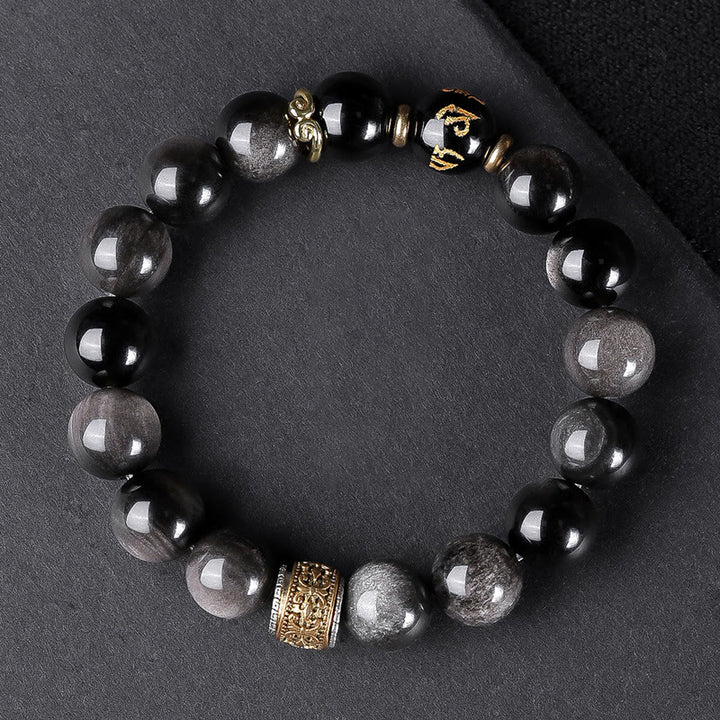 Buddha Stones Natural Silver Sheen Obsidian Tiger's Eye Six True Words 'Om Mani Padme Hum' Strength Bracelet - 12mm Silver Sheen Obsidian(Wrist Circumference: 17-18cm) - image 12