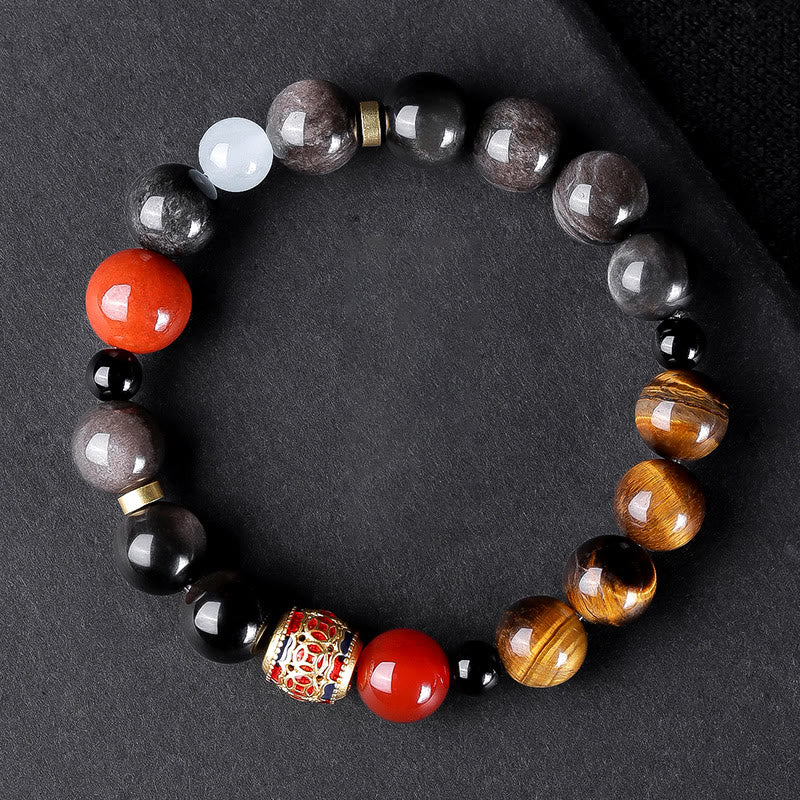 Buddha Stones Natural Silver Sheen Obsidian Tiger's Eye Six True Words 'Om Mani Padme Hum' Strength Bracelet - 10mm Silver Sheen Obsidian Tiger Eye Copper Coins(Wrist Circumference: 16-17cm) - image 16