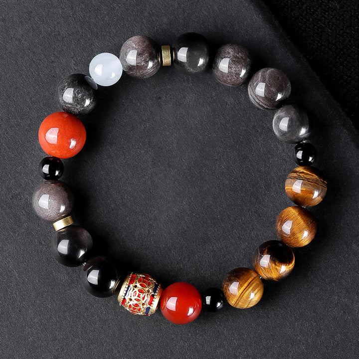 Buddha Stones Natural Silver Sheen Obsidian Tiger's Eye Six True Words 'Om Mani Padme Hum' Strength Bracelet - 10mm Silver Sheen Obsidian Tiger Eye Copper Coins(Wrist Circumference: 16-17cm) - image 16