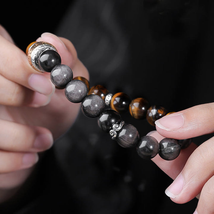 Buddha Stones Natural Silver Sheen Obsidian Tiger's Eye Six True Words 'Om Mani Padme Hum' Strength Bracelet - image 3