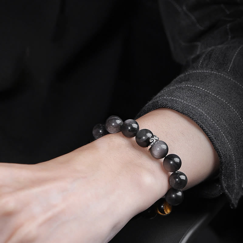 Buddha Stones Natural Silver Sheen Obsidian Tiger's Eye Six True Words 'Om Mani Padme Hum' Strength Bracelet - image 11