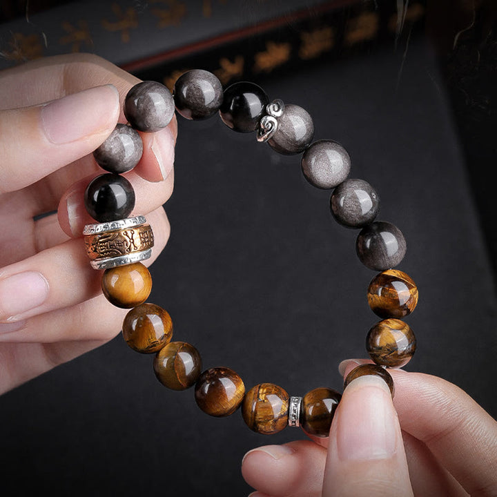 Buddha Stones Natural Silver Sheen Obsidian Tiger's Eye Six True Words 'Om Mani Padme Hum' Strength Bracelet - image 2