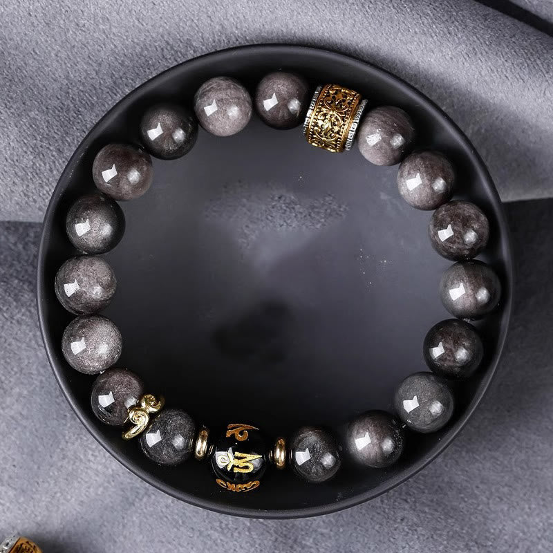 Buddha Stones Natural Silver Sheen Obsidian Tiger's Eye Six True Words 'Om Mani Padme Hum' Strength Bracelet - image 13