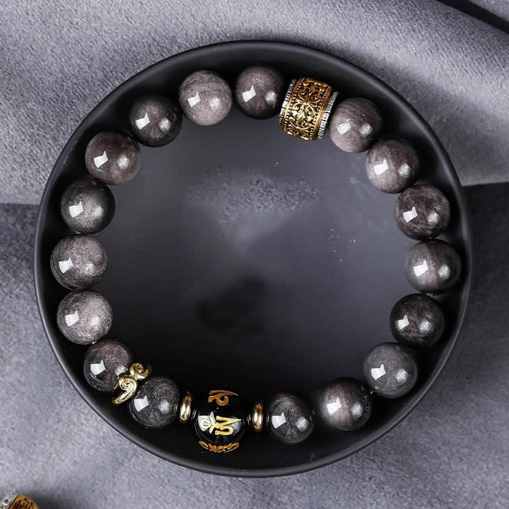Buddha Stones Natural Silver Sheen Obsidian Tiger's Eye Six True Words 'Om Mani Padme Hum' Strength Bracelet - image 13