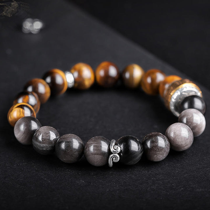 Buddha Stones Natural Silver Sheen Obsidian Tiger's Eye Six True Words 'Om Mani Padme Hum' Strength Bracelet - image 10