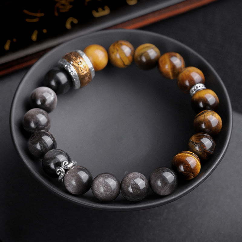 Buddha Stones Natural Silver Sheen Obsidian Tiger's Eye Six True Words 'Om Mani Padme Hum' Strength Bracelet - image 9