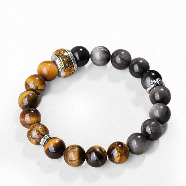 Buddha Stones Natural Silver Sheen Obsidian Tiger's Eye Six True Words 'Om Mani Padme Hum' Strength Bracelet - image 4
