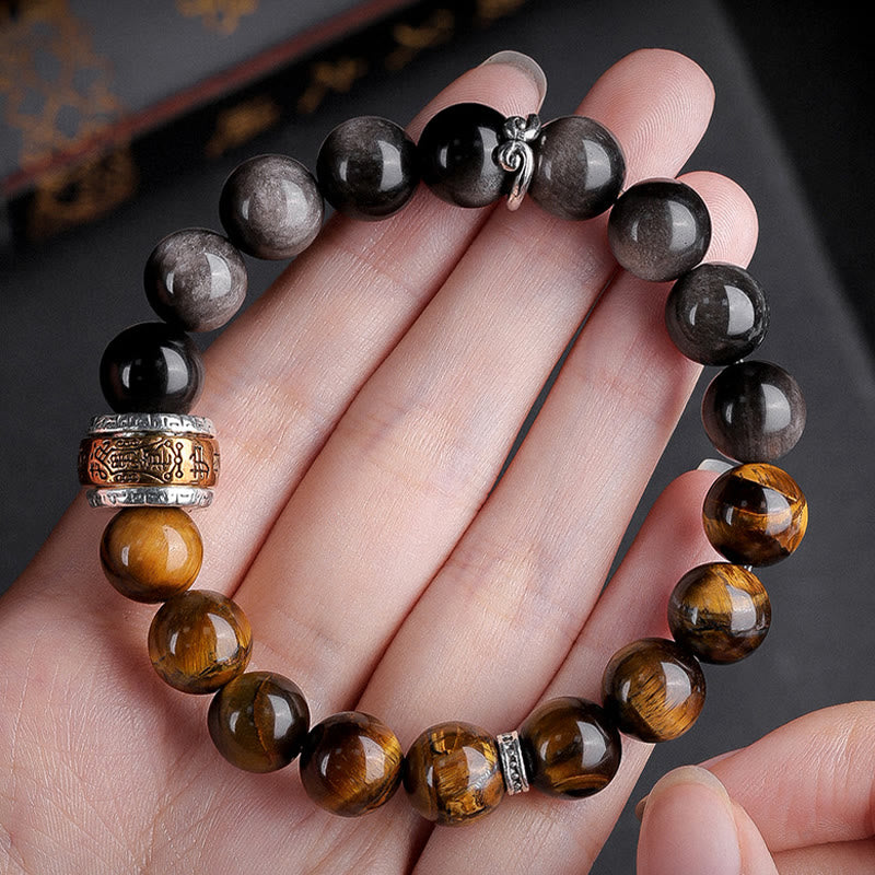 Buddha Stones Natural Silver Sheen Obsidian Tiger's Eye Six True Words 'Om Mani Padme Hum' Strength Bracelet - image 8
