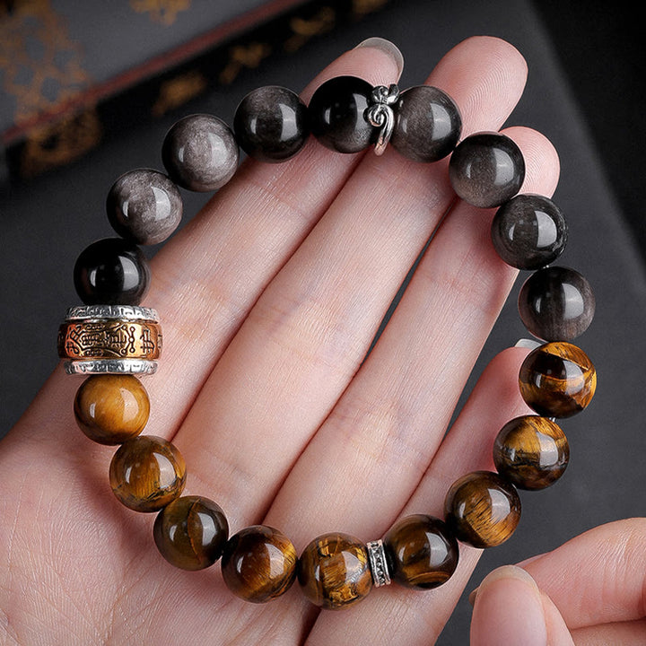 Buddha Stones Natural Silver Sheen Obsidian Tiger's Eye Six True Words 'Om Mani Padme Hum' Strength Bracelet - image 8