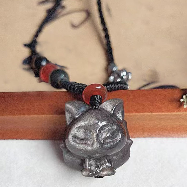 Buddha Stones Natural Silver Sheen Obsidian Nine Tailed Fox Protection Necklace Pendant - image 5