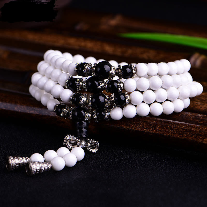 Buddha Stones 108 Mala Beads White Porcelain Six True Words 'Om Mani Padme Hum' Patience Bracelet - White Porcelain Black Glaze - 8mm - 15-19cm - image 0