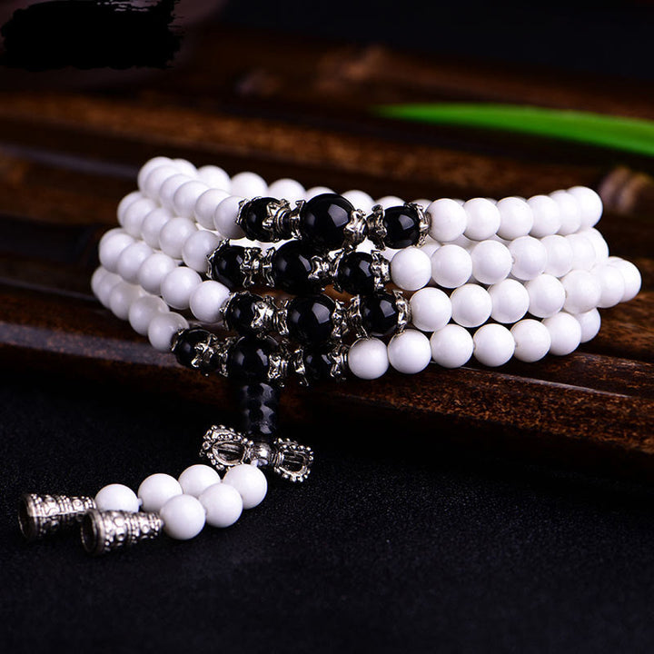 Buddha Stones 108 Mala Beads White Porcelain Six True Words 'Om Mani Padme Hum' Patience Bracelet - White Porcelain Black Glaze - 8mm - 15-19cm - image 0