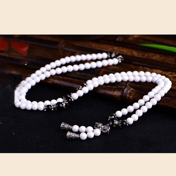 Buddha Stones 108 Mala Beads White Porcelain Six True Words 'Om Mani Padme Hum' Patience Bracelet - image 1