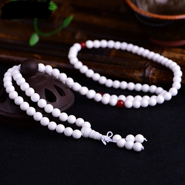 Buddha Stones 108 Mala Beads White Porcelain Six True Words 'Om Mani Padme Hum' Patience Bracelet - White Porcelain Red Glaze - 8mm - 15-19cm - image 7