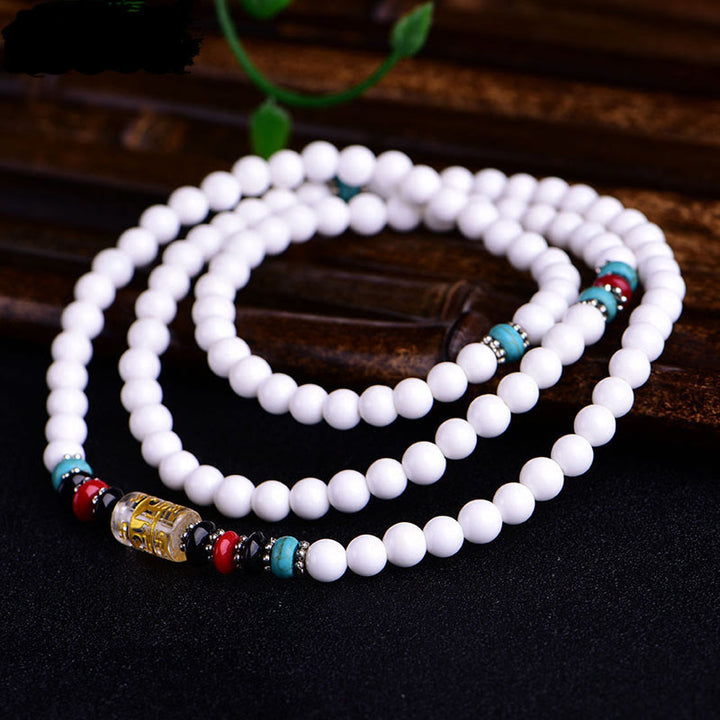 Buddha Stones 108 Mala Beads White Porcelain Six True Words 'Om Mani Padme Hum' Patience Bracelet - image 5