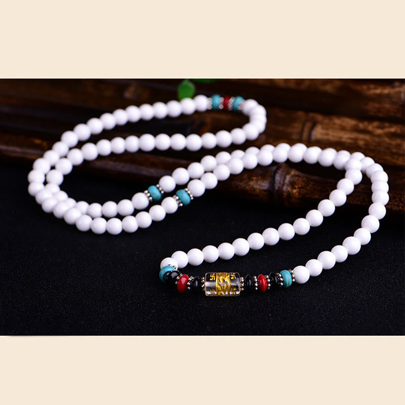 Buddha Stones 108 Mala Beads White Porcelain Six True Words 'Om Mani Padme Hum' Patience Bracelet - image 6