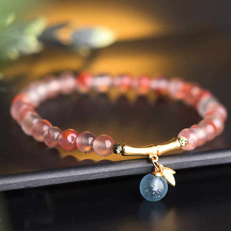 Buddha Stones South Red Agate Aquamarine Pearl Hetian Jade Bamboo Flower Fortune Bracelet - image 0