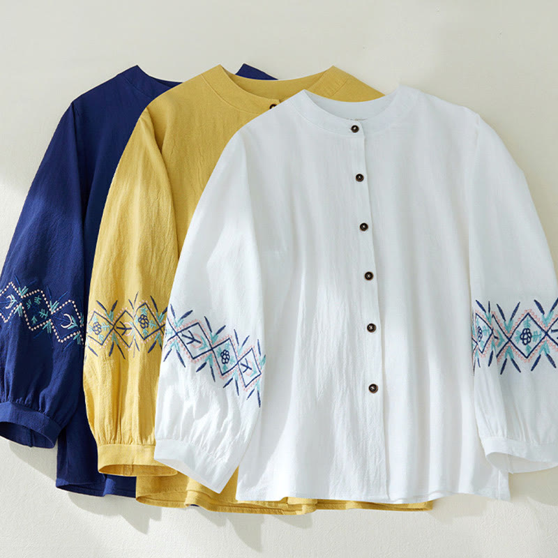 Buddha Stones Geometry Embroidery Long Sleeve Button Cotton Linen Women's Shirts - image 1