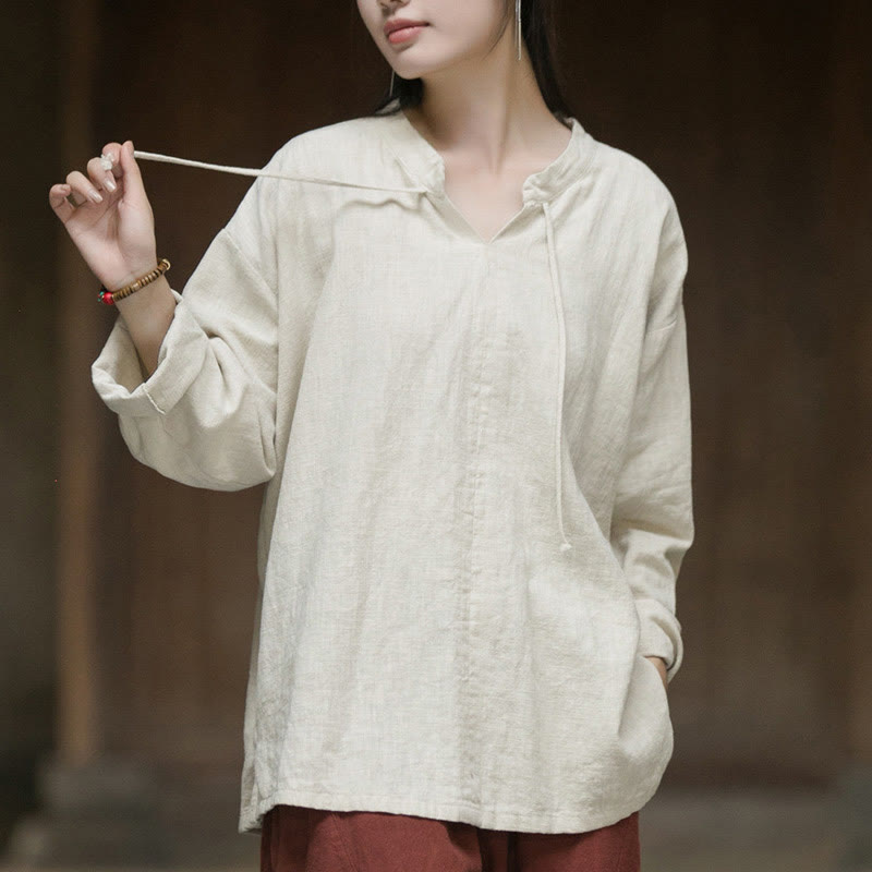 Buddha Stones Retro Solid Color Long Sleeve Ramie Linen Women's Shirt - Beige - US4-12，UK/AU8-16，EU36-44 (F) - image 0