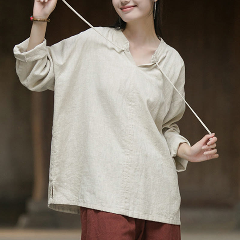 Buddha Stones Retro Solid Color Long Sleeve Ramie Linen Women's Shirt - image 7