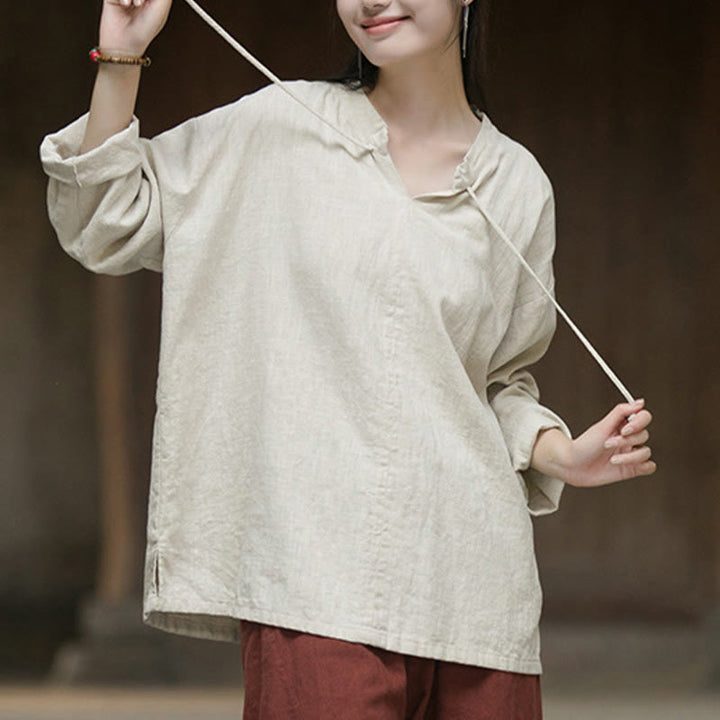 Buddha Stones Retro Solid Color Long Sleeve Ramie Linen Women's Shirt - image 7