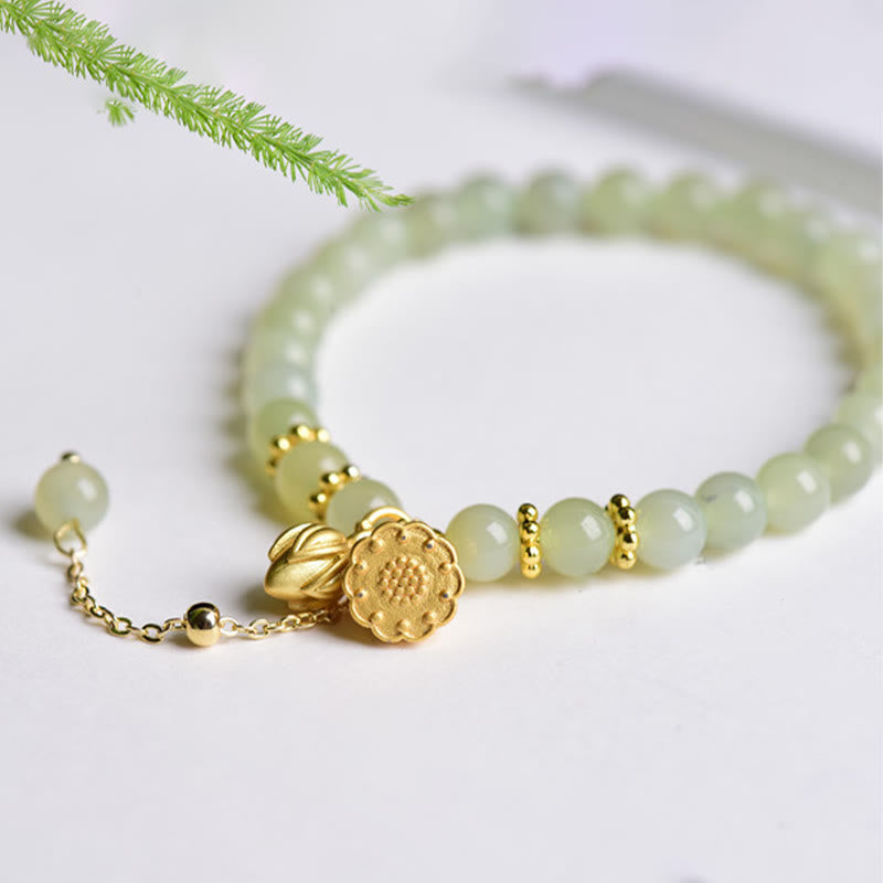 Buddha Stones Natural Hetian Jade Lotus Luck Bracelet - Hetian Jade(Wrist Circumference:16-17cm) - image 1