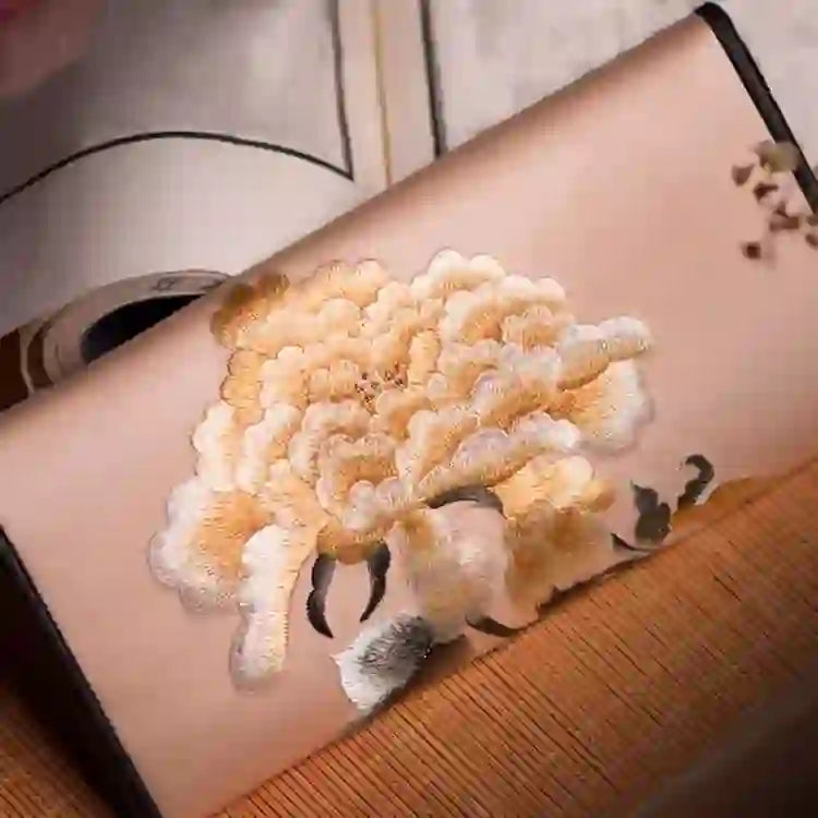 Buddha Stones Peony Flower Su Embroidery Journey Shopping Long Purse Handbag  - Gold (20*10cm) - image 0