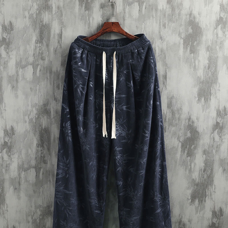 Buddha Stones Bamboo Leaves Corduroy Drawstring Cotton Men's Wide Leg Pants With Pockets - image 2