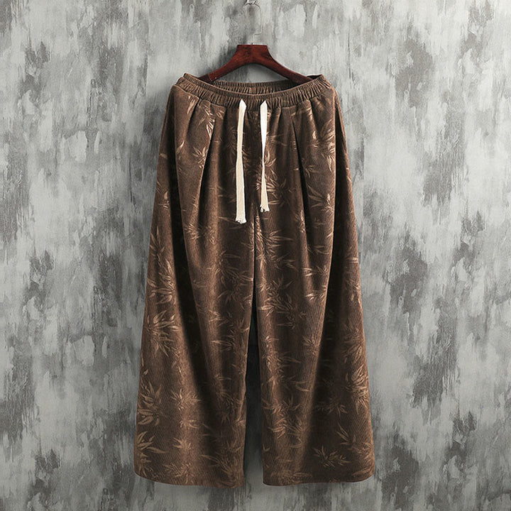 Buddha Stones Bamboo Leaves Corduroy Drawstring Cotton Men's Wide Leg Pants With Pockets - image 17