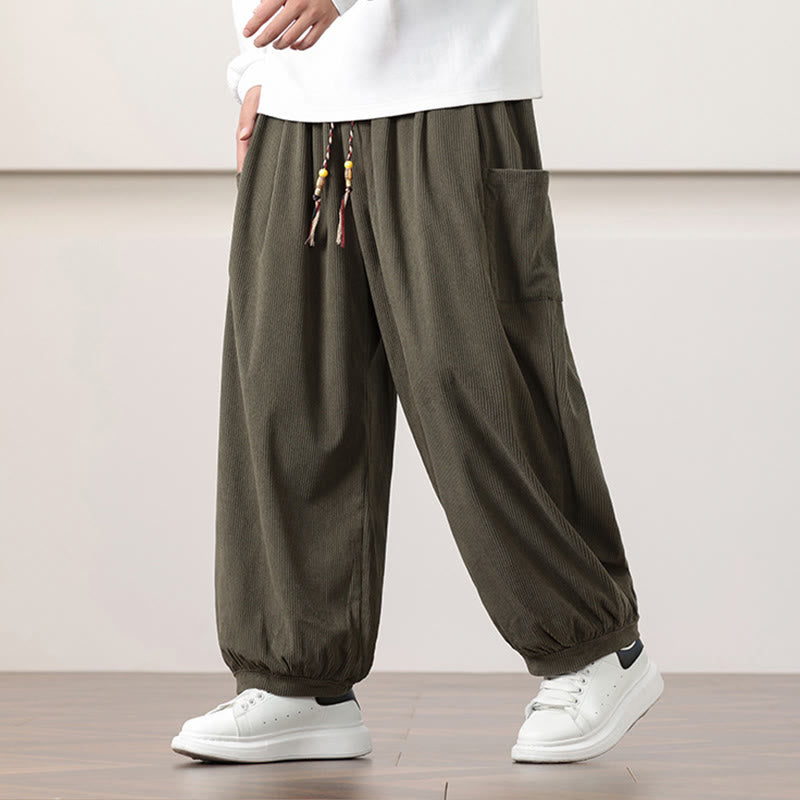 Buddha Stones Solid Color Corduroy Drawstring Men's Harem Pants With Pockets - Olive - US/UK/AU46，EU56 (5XL) - image 0