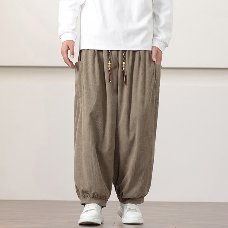 Buddha Stones Solid Color Corduroy Drawstring Men's Harem Pants With Pockets - image 23