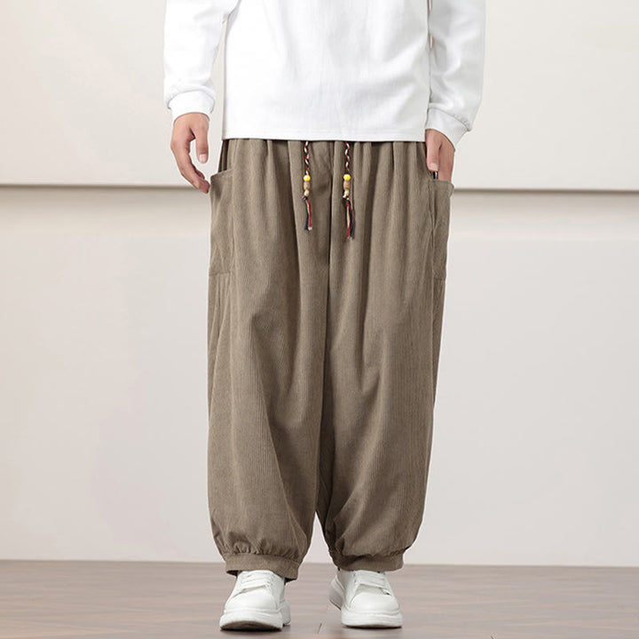 Buddha Stones Solid Color Corduroy Drawstring Men's Harem Pants With Pockets - image 23
