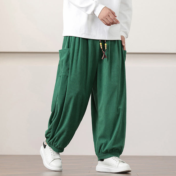 Buddha Stones Solid Color Corduroy Drawstring Men's Harem Pants With Pockets - image 32