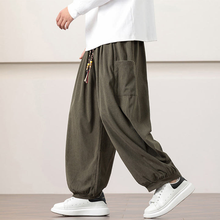 Buddha Stones Solid Color Corduroy Drawstring Men's Harem Pants With Pockets - image 7