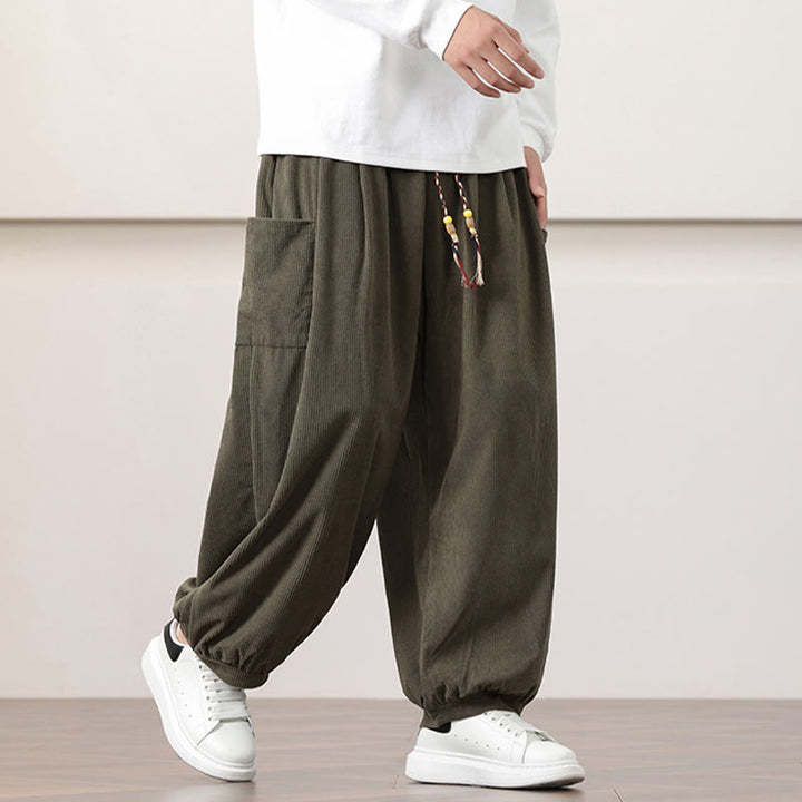 Buddha Stones Solid Color Corduroy Drawstring Men's Harem Pants With Pockets - image 2
