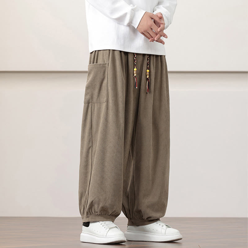 Buddha Stones Solid Color Corduroy Drawstring Men's Harem Pants With Pockets - image 24
