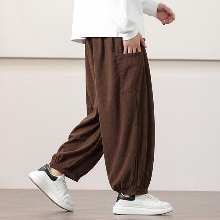 Buddha Stones Solid Color Corduroy Drawstring Men's Harem Pants With Pockets - image 41