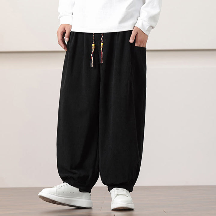 Buddha Stones Solid Color Corduroy Drawstring Men's Harem Pants With Pockets - image 13