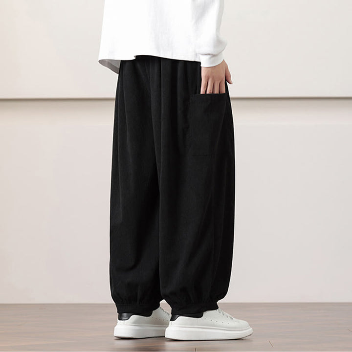 Buddha Stones Solid Color Corduroy Drawstring Men's Harem Pants With Pockets - image 15