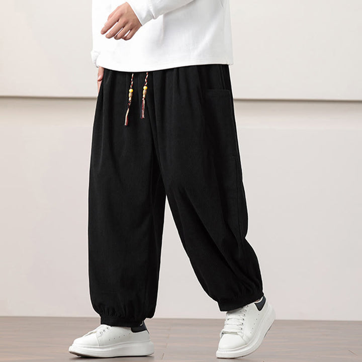 Buddha Stones Solid Color Corduroy Drawstring Men's Harem Pants With Pockets - Black - US/UK/AU46，EU56 (5XL) - image 10
