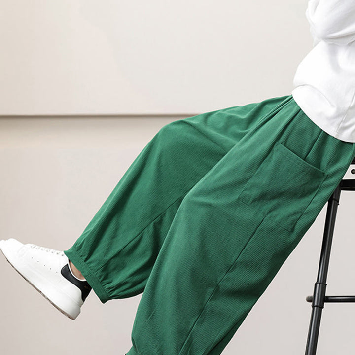 Buddha Stones Solid Color Corduroy Drawstring Men's Harem Pants With Pockets - image 35