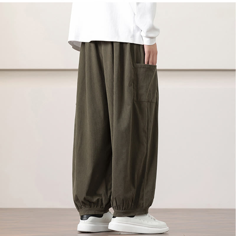 Buddha Stones Solid Color Corduroy Drawstring Men's Harem Pants With Pockets - image 7
