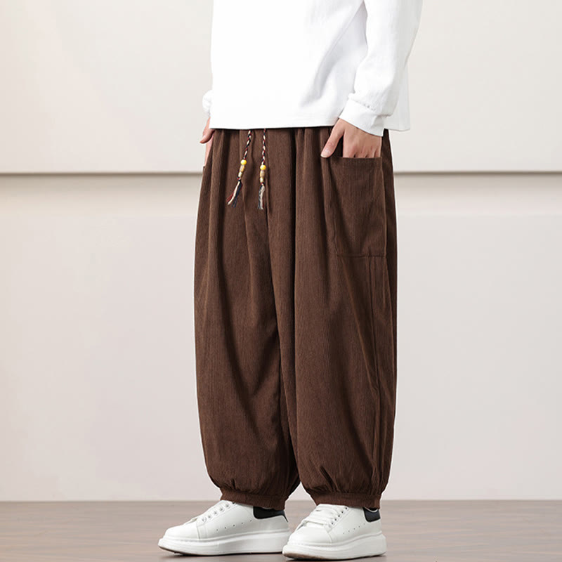 Buddha Stones Solid Color Corduroy Drawstring Men's Harem Pants With Pockets - image 39