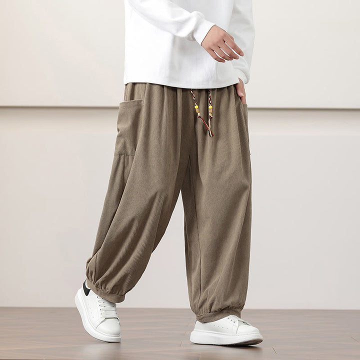 Buddha Stones Solid Color Corduroy Drawstring Men's Harem Pants With Pockets - image 26