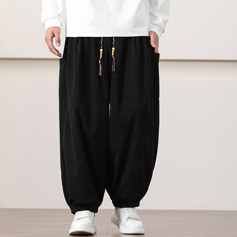 Buddha Stones Solid Color Corduroy Drawstring Men's Harem Pants With Pockets - image 10