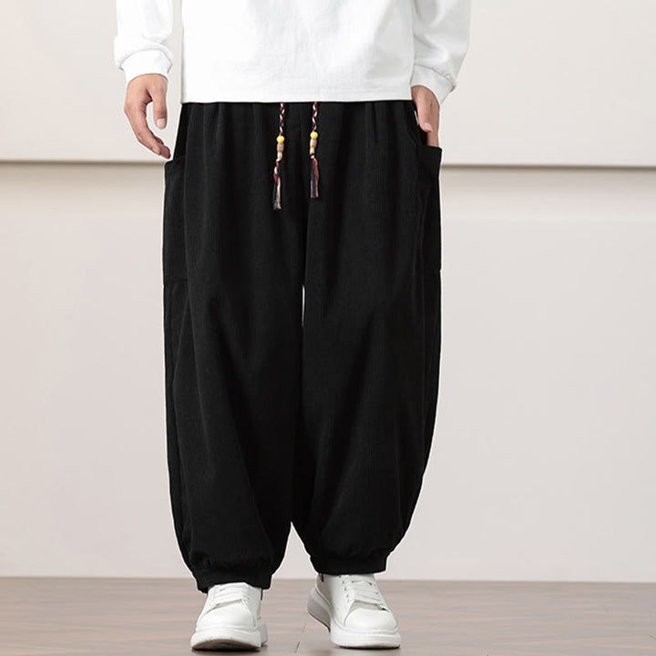 Buddha Stones Solid Color Corduroy Drawstring Men's Harem Pants With Pockets - image 11