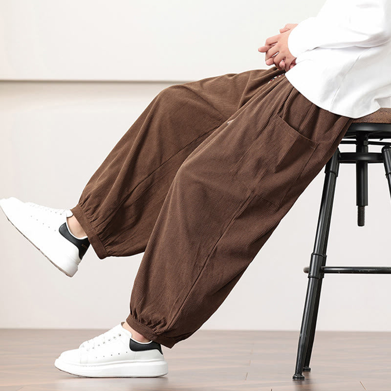 Buddha Stones Solid Color Corduroy Drawstring Men's Harem Pants With Pockets - image 43
