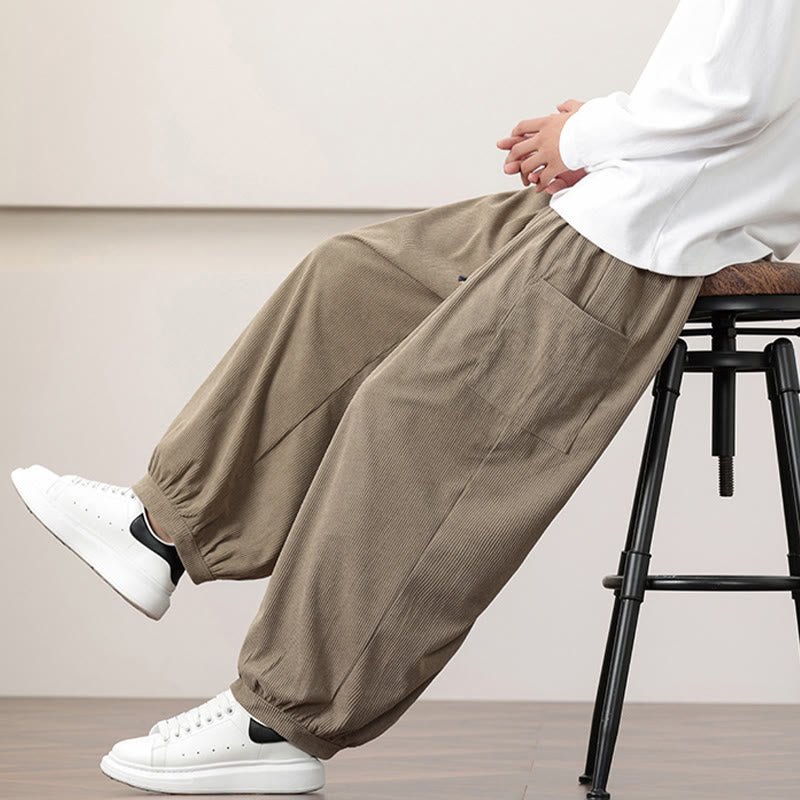 Buddha Stones Solid Color Corduroy Drawstring Men's Harem Pants With Pockets - image 27